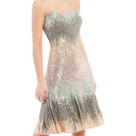 Badgley Mischka Natalie Dress Mint Sequin Multi Fit Flare Spaghetti Strap - Picture 1 of 9